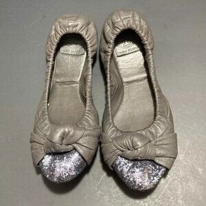 TORY BURCH Katie Ballet Flats Grey Leather Knot & Blue Glitter Deco Size 9.5M